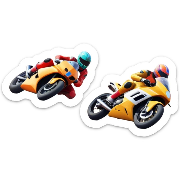 A sleek racing car and motorcycle speeding on a track, leaving a trail of dust behind. The scene captures the thrill of high-speed competition, with blurred motion and vibrant colors, highlighting the dynamic energy of motorsport. sticker
