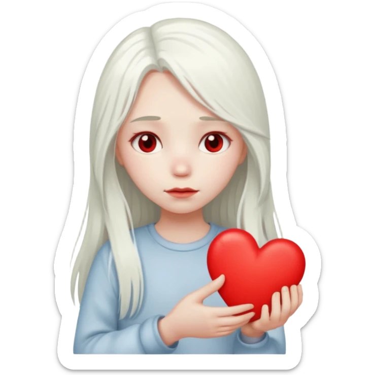 A girl with long white hair is sad and holds a red heart in her hands sticker