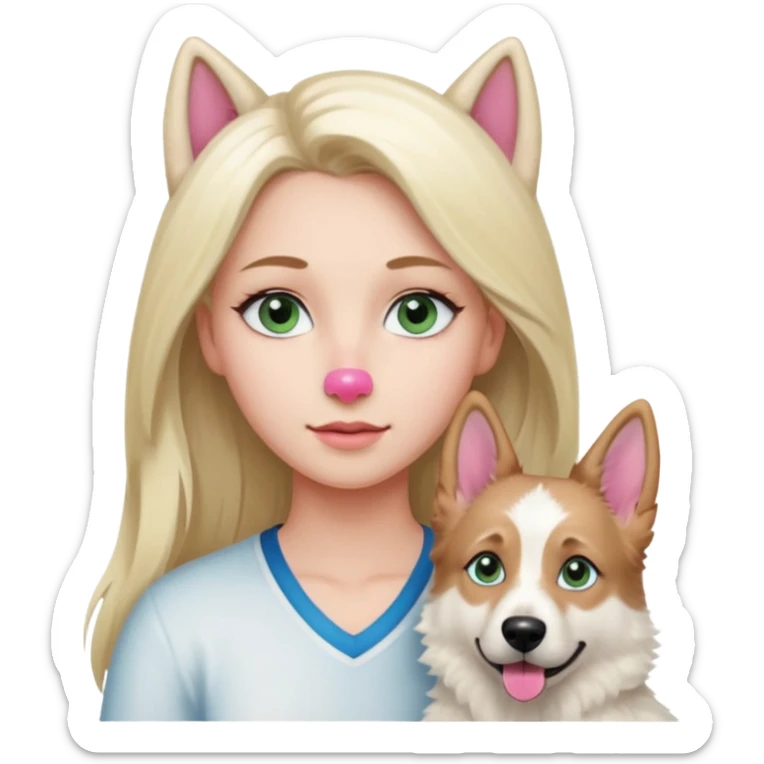 White European young woman with blue-green eyes and long blond hair with her white German Shepherd dog,the Dog has a pink nose and short fur  and Brown eyes sticker