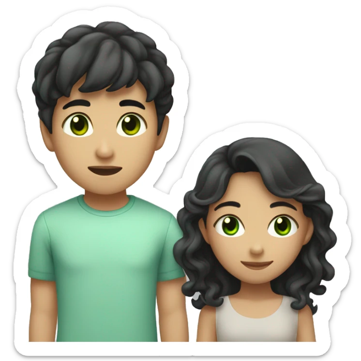 asian boy with short curly hair holding hand of girl with green eyes and dark long straight hair sticker