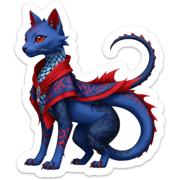 Kawaii feral, four-legged gothic badass black, red, indigo, cute beautiful pretty elegant divine edgy feline-vernid-sergal-Haku-dragon-fursona-animal-creature, full body, with intricate detailed markings, silken shawl sticker