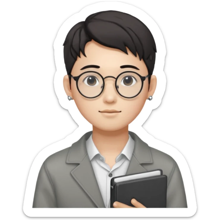 korean male guy 20s wearing an apnotebook, wearing radio earrings, round glasses, achromatic clothes, and achromatic clothes. sticker