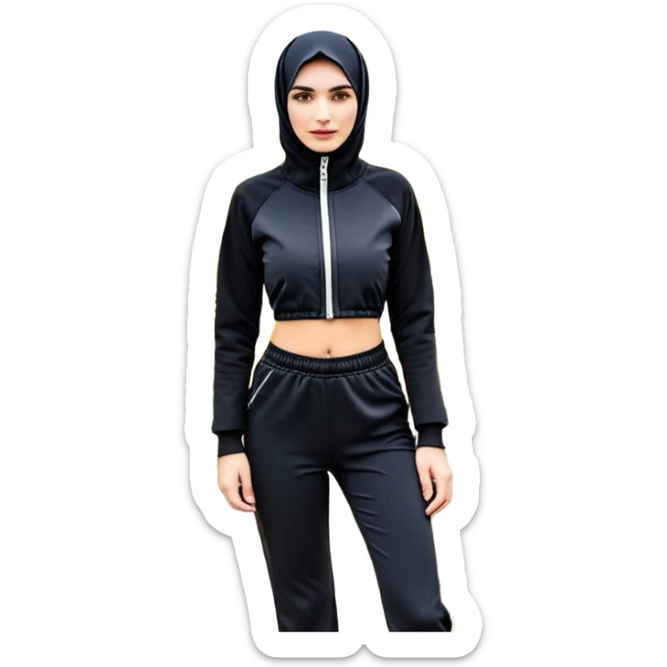 Siyah uzun saçlı siyah ceket  polar ceket ceket gevşek biraz omzundan çıkıyormuş gibi ve bugday ten rengi soltaraftaki omzundan çıkık sadece içinde de siyah crop var crop açık esmer esmer sticker