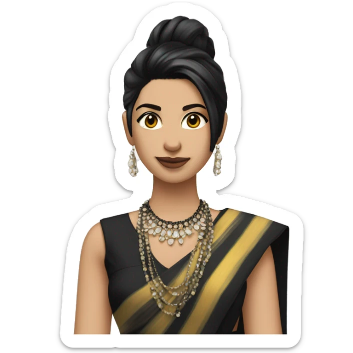 hair straight, American/British white, black hair, white face colour, slender face, wearing a trendy saree and accessories, full body, sharp jawline, edgy sticker