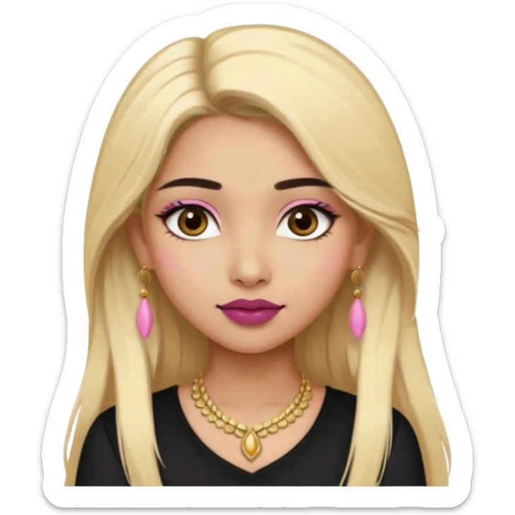Sweet Indian girl blond long hair darkbrow  eyes brown/pink lipstick blush, black top gold earrings, brown eyebrows  sticker