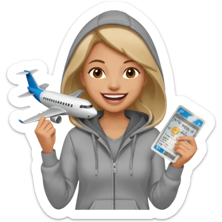 Hilarious, blunt, high energy, and adventurous. woman in hoodie laughing with plane tickets  sticker