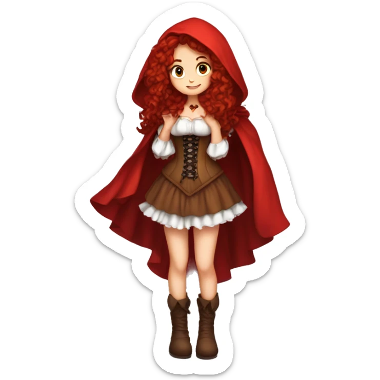 Little Red Riding Hood long curly red hair, brown corset and dress full body pose non-chibi sticker