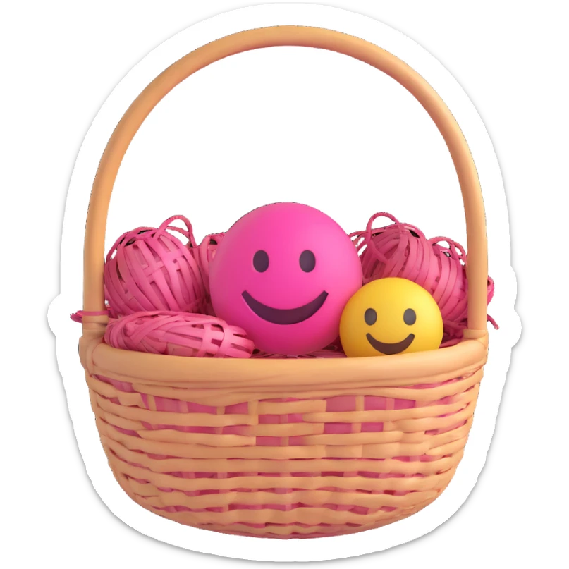 3D smiley emoji, round shape, grandmother with a woven basket, pink color, smiling face sticker