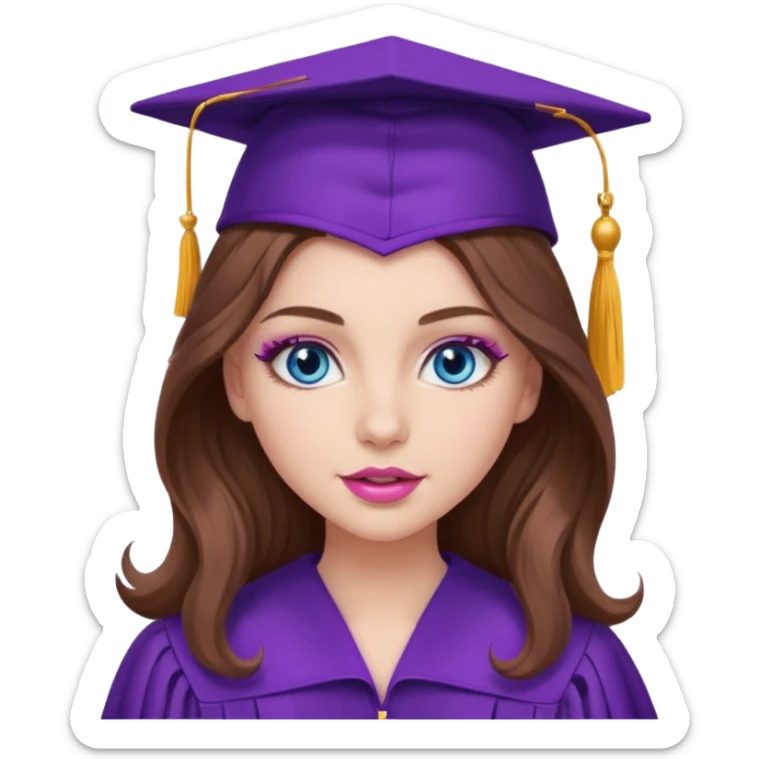 girl with wavy long brown hair, blue eyes, long lashes makeup, sexy pink lips, wearing a purple graduation cap and gown sticker