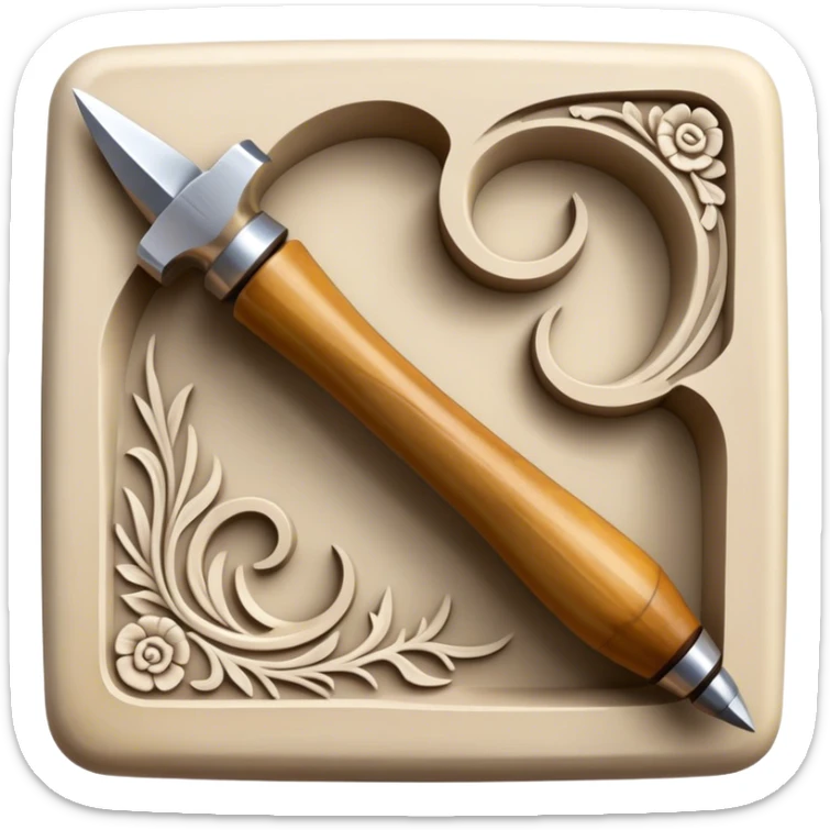 Carving icon, stone, bone, and horn being carved with chisels, fine detailed patterns visible, carving tools like chisel and awl, minimalistic style, clean lines, transparent background. sticker