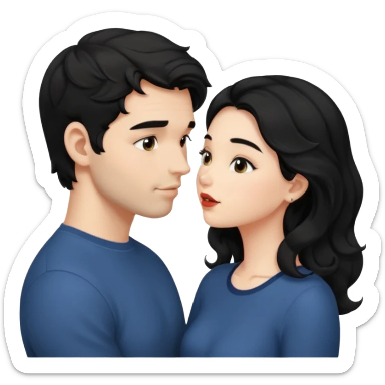 a handsome man with black short wavy hair, no beard, clean face tries to kiss a cute woman who has long~~ black hair sticker