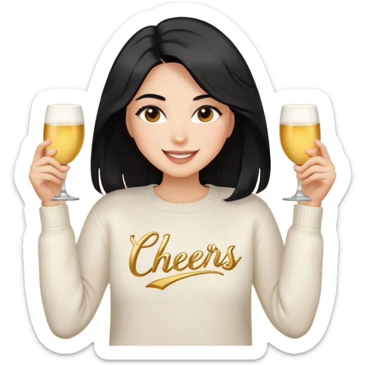 A woman with longer black hair, light to medium skin tone, full cheeks, and almond-shaped eyes, wearing a simple white sweater with the word 'cheers' in gold script, joyful and radiant expression, cheerful, emoji style, just her torso, no hands. sticker