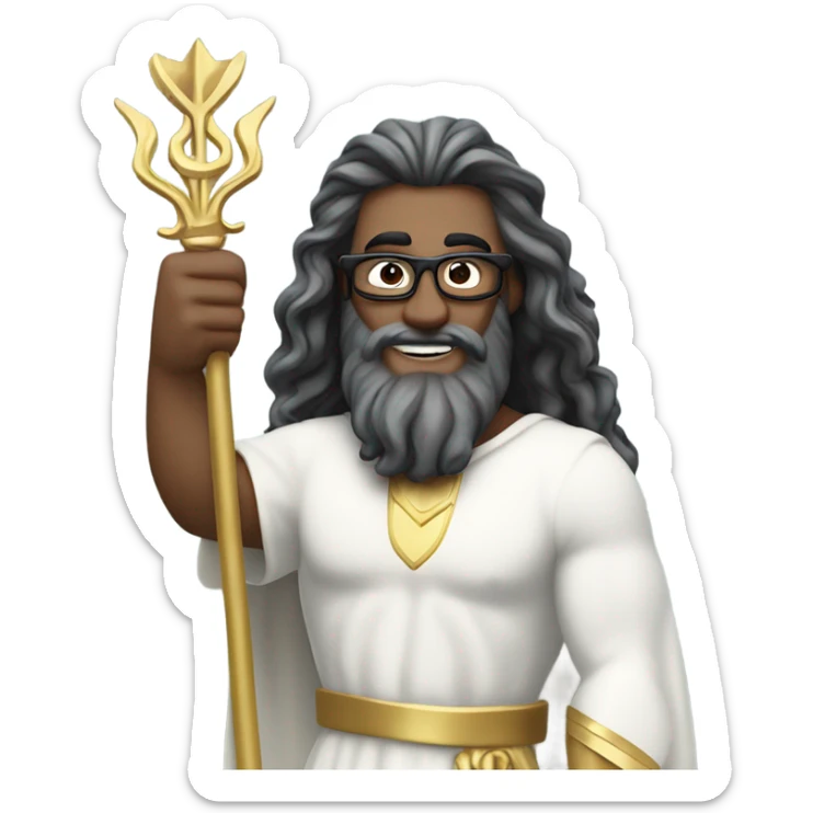 Poseidon with gold Trident and glasses. long hair white dress. smile . eye wink. point us with index sticker