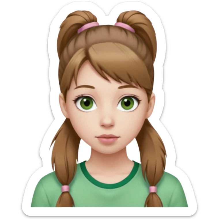 create an emoji of a young woman. She has a nice look, with long light brown hair in a single ponytail with a hair tie, dark green eyes, pale skin, natural soft pink lips. she wears a green y2k top sticker