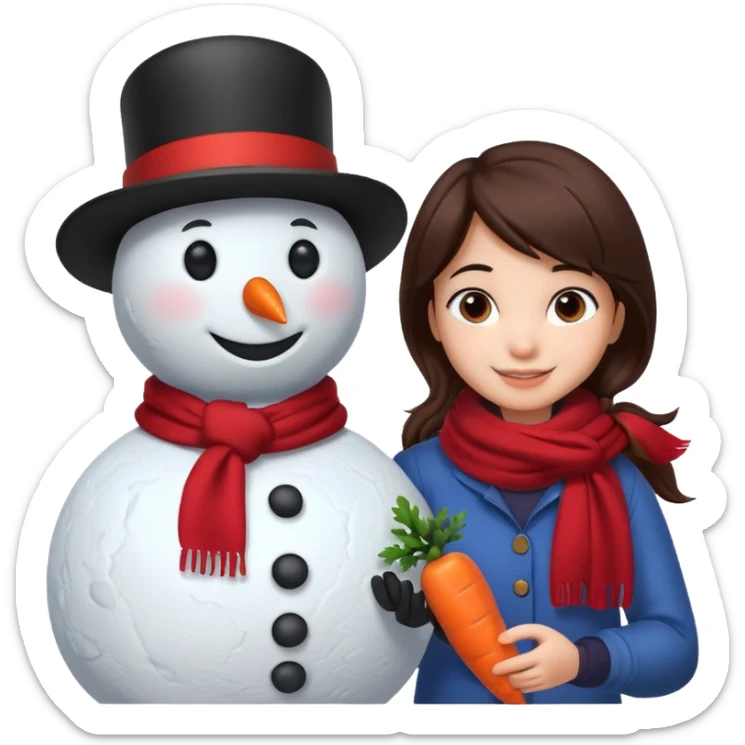 Cartoon girl with brown hair and scarf, building a snowman. Cartoon boy with black hair, placing a carrot nose on the snowman, smiling sticker