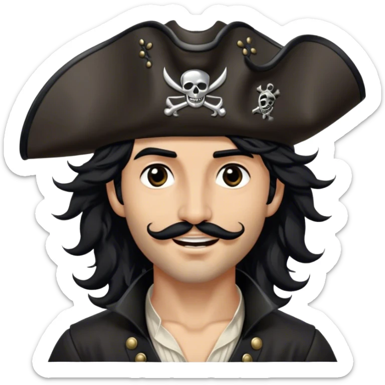 A charismatic pirate with wavy black hair tousled by the breeze. His silver-embroidered tricorn hat casts a shadow. He turns slightly, dark eyes glinting with mischief as he looks to the side, a knowing smile on his lips sticker