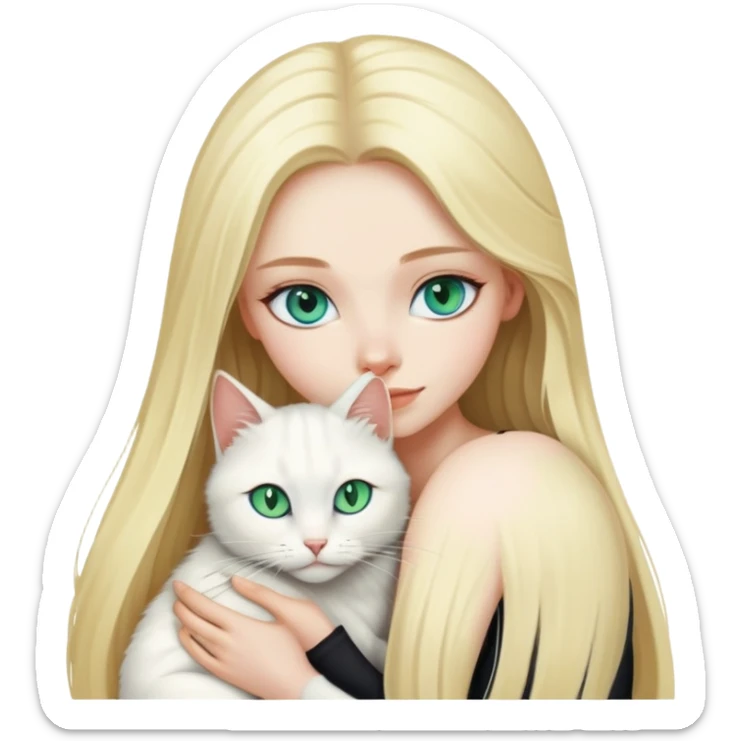 pretty woman with pale skin and with blue eyes and very long blonde hair  hugging one cat that is white and black with green eyes sticker