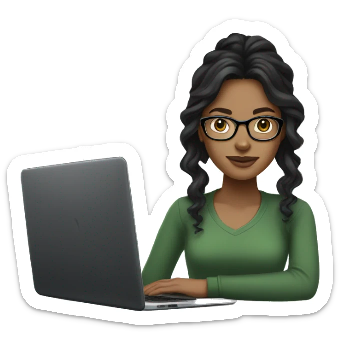 Light brown-skinned girl with long, wavy black hair, with clear glasses wearing a black laptop, wearing a green shirt. sticker