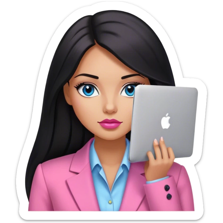 Glamours tanned very beautiful girl with very pump nude lips and black straight smooth long hair, blue eyes and pink blazer with MacBook  sticker