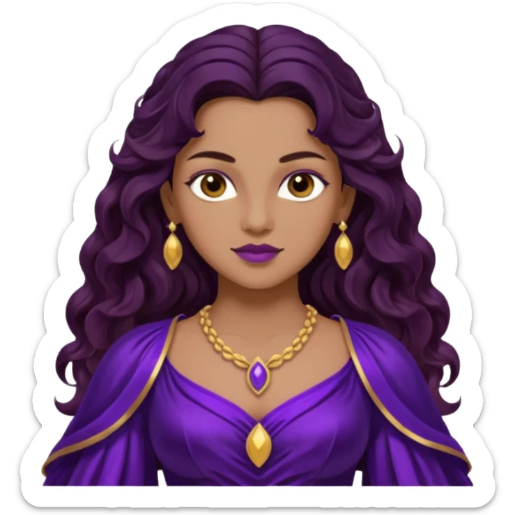 Hyacinth, Divine Hero from Gods and Goddesses with long dark brown wavy hair, deep purple outfit, tan skin sticker