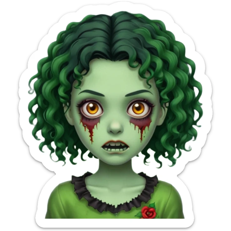 uma garota zumbi assustadora da pele verde e com cabelo 3b cacheado repartido ao meio preto curto ate o ombro sticker