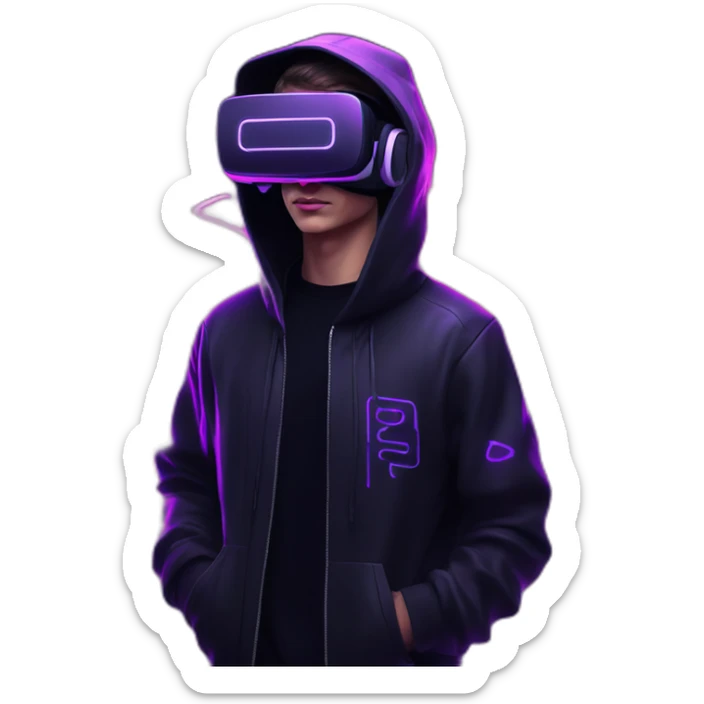 Russian young man wearing a black hoodie with "KEESY" letters on it and VR headset in a cyberpunk VR environment with violet neon lighting. sticker