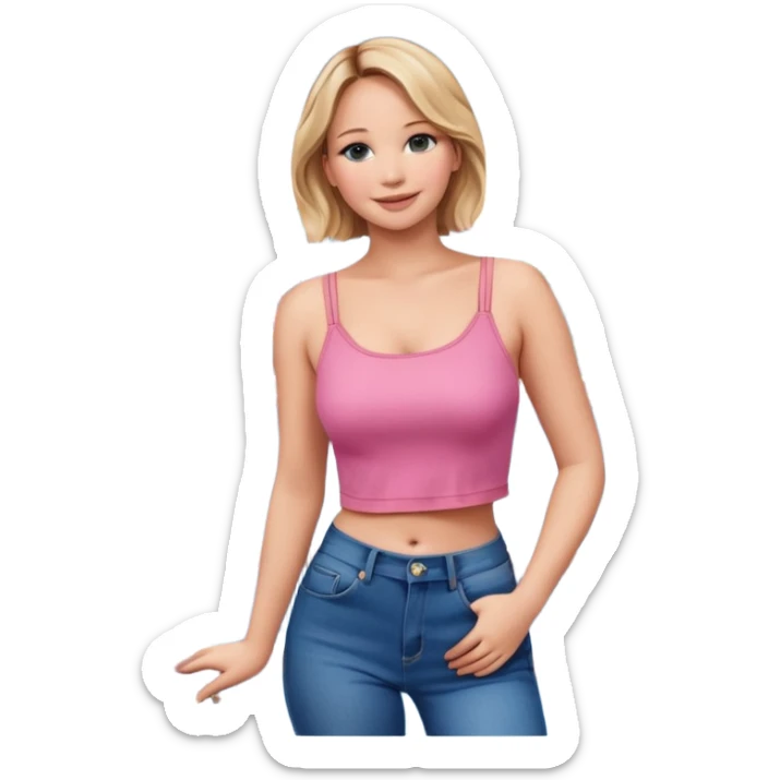 jennifer lawrence, pink crop top, and blue jeans, leaning on a balcony with a harbor and cityscape in the background, smiling sticker