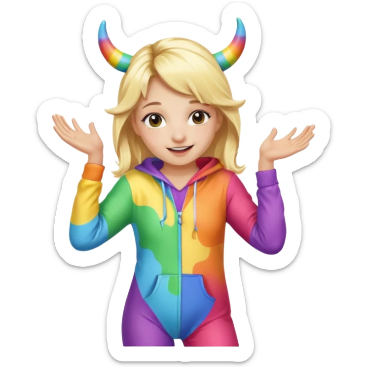 Cute blonde girl dancing in a rainbow onesie with cow horns  sticker