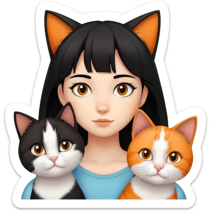 teenage girl with black hair with brown highlights with two cats that are tri-colored (black, orange, and white) sticker