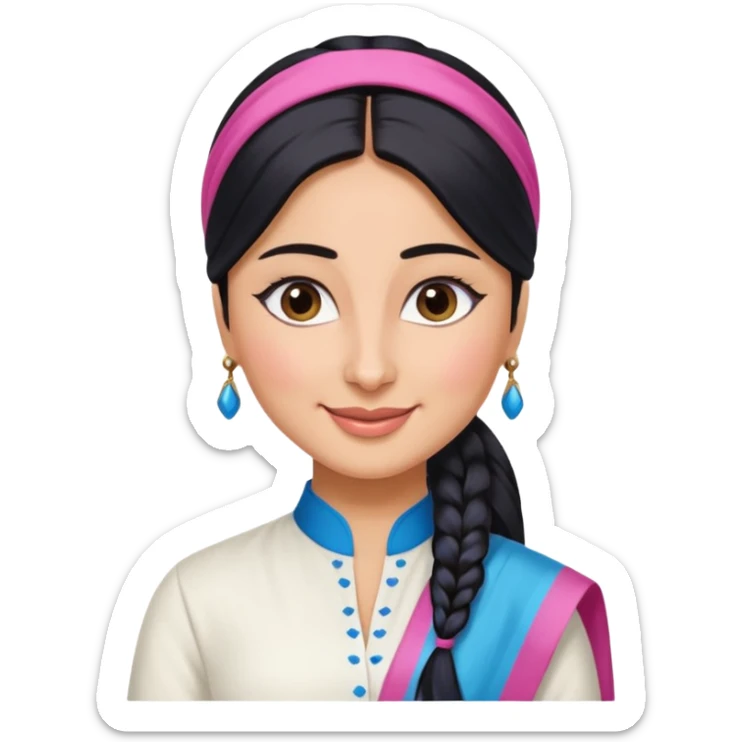 generate a pretty bratz emoji that looks like Kareena Kapoor's Geet character. 
Make her wear a white shirt with a colorful blue-pink dupatta wrapped around her neck. smiling big. Black hair tied into a side part ponytail

She should look like Kareena Kapoor sticker