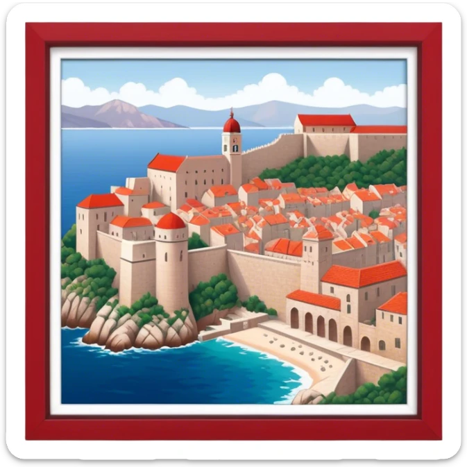 Cinematic Realistic Dubrovnik Landmark Emoji, depicted with historic fortified walls and red‚Äêtiled roofs rendered with intricate detail and dynamic, coastal lighting. sticker