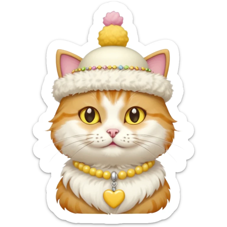 cat wearing a creamy cake hat with fun necklace around his neck and a yellow bow in the middle sticker