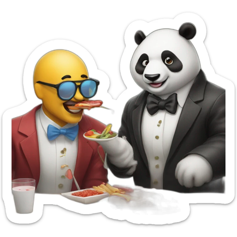 A professor and a panda in clown makeup are sitting and eating hotdogs with shrimp sticker