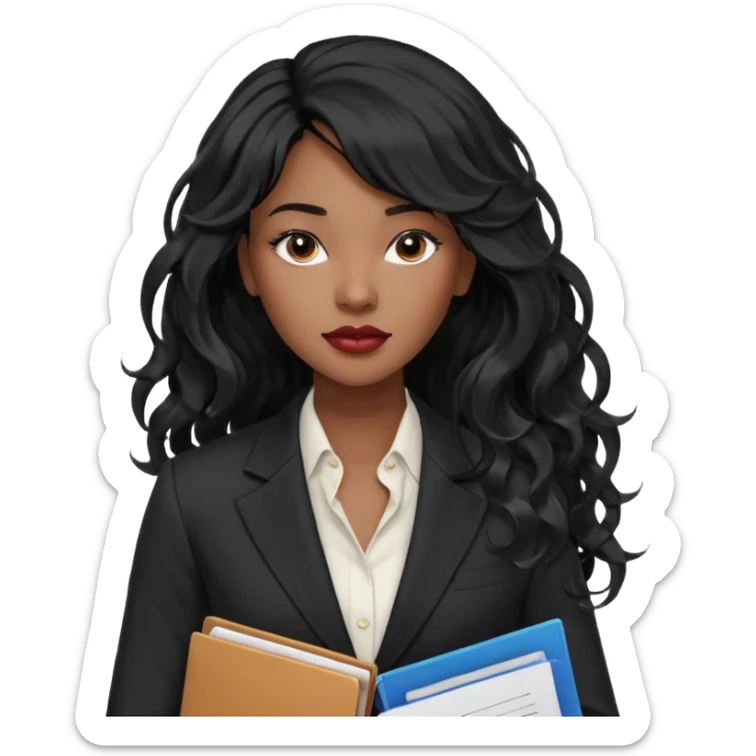 A young woman with long black hair, a wavy frange falling on half of her head. There's a long wavy stretch of hair falling on the side of her head. She's black, medium to dark skinned with thick lips. She's holding folders, and she's a CEO, but she's wearing casual clothes. she has long eyelashes. sticker