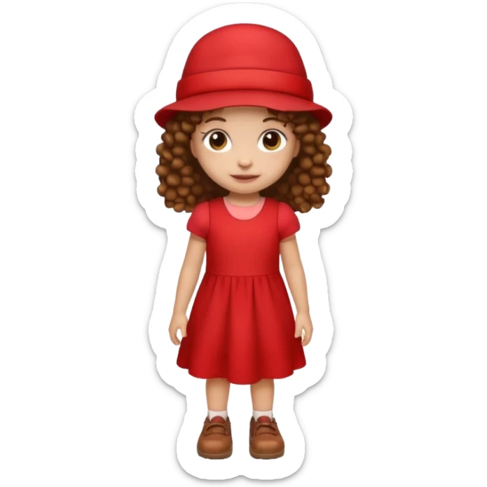 little girl with brown curly hair, light skin, red dress, red hat, brown shoes, emoji style icon sticker