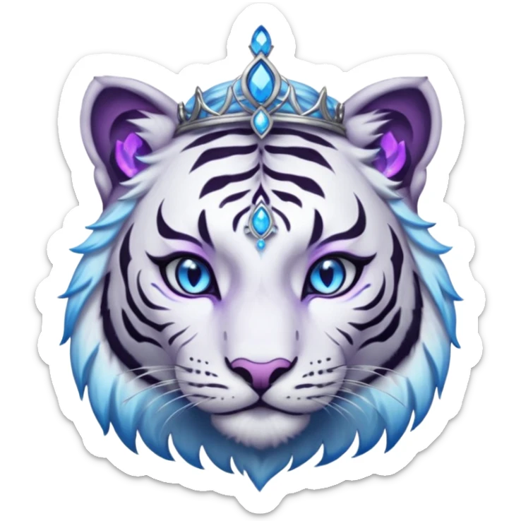 ESO Female white/black tiger khajiit leader of the umbral rose, glowing blue eyes, glowing blue 'third eye' gem; beautiful desined purple gemmed silver tiara sticker