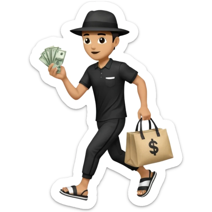 Make a man wear a black pant and he shirt is balck line and white line and wear a black hat and he holding a money bag and he running he wear a black eye thing no money in the Left hand and he yellow and the money bag in the right he wear a flip flop like this is Money bag 💰 NO MONEY sticker