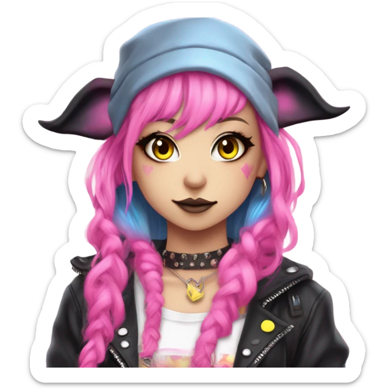 Blue eyed pale hime gyaru girl, hot pink and yellow split-dyed hair, nose ring, elf ears, dark makeup, punk clothes sticker