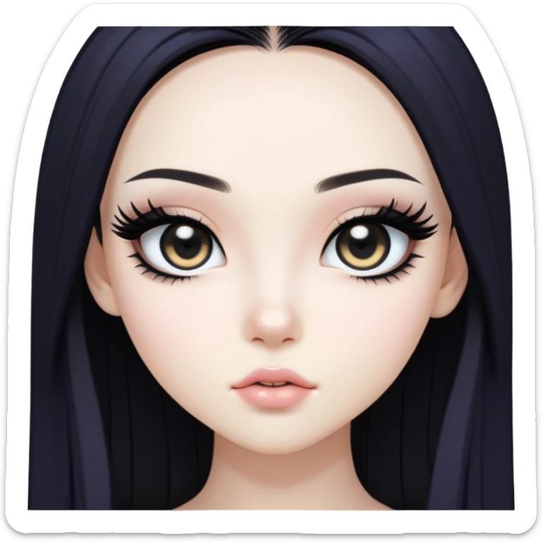 straight black long hair, korean pale skin skin, black iris, pretty bratz baddie, black eyeliner sticker