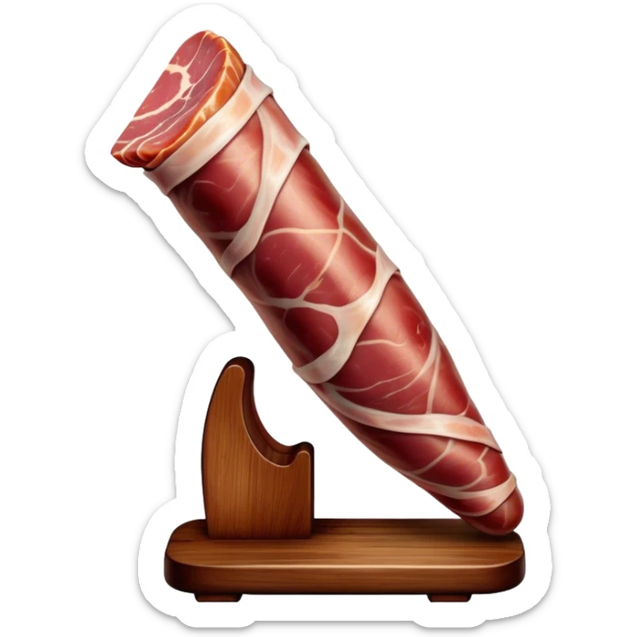 ​Cinematic Realistic Spanish Jamón Leg, depicted as a massive, cured leg of Jamón serrano (ham) with a deep reddish-brown hue, intricately marbled and slightly glossy with age, elegantly displayed on a rustic wooden stand and bathed in warm, soft lighting that accentuates its artisanal heritage, sticker