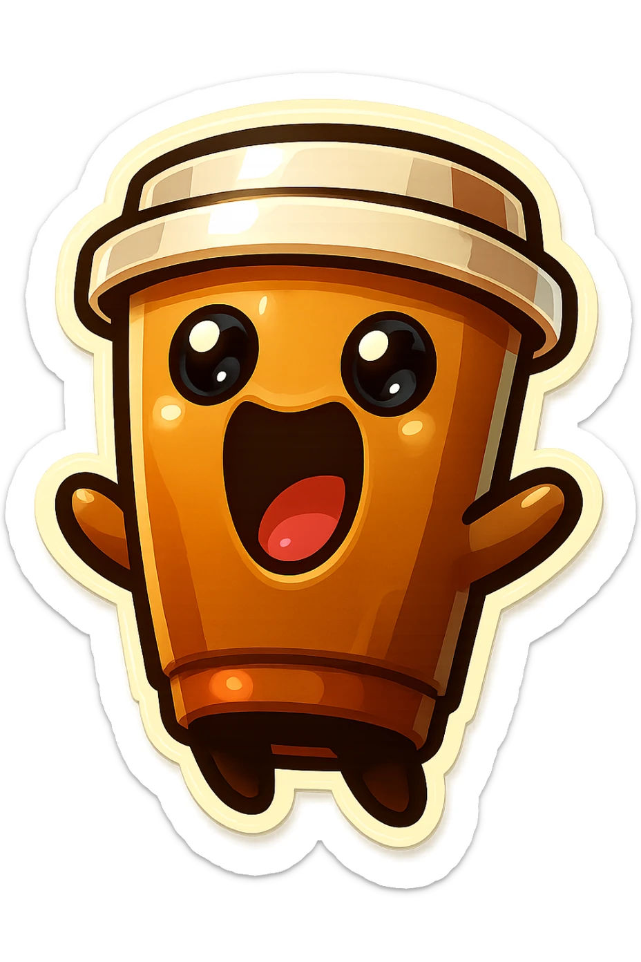 Tall coffee cup, wild, over the top, excited, big eyes, big mouth, screaming, tilted back sticker