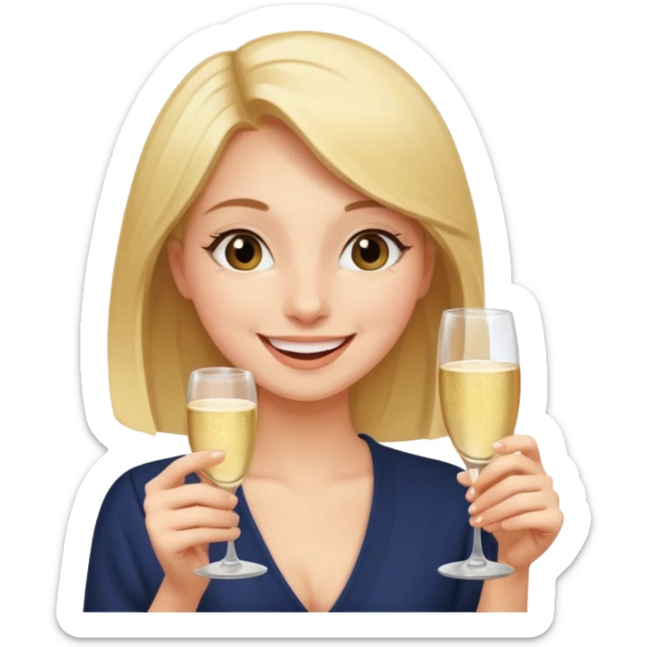 A shy young woman gently takes her first small sip of champagne, smiling with excitement. sticker