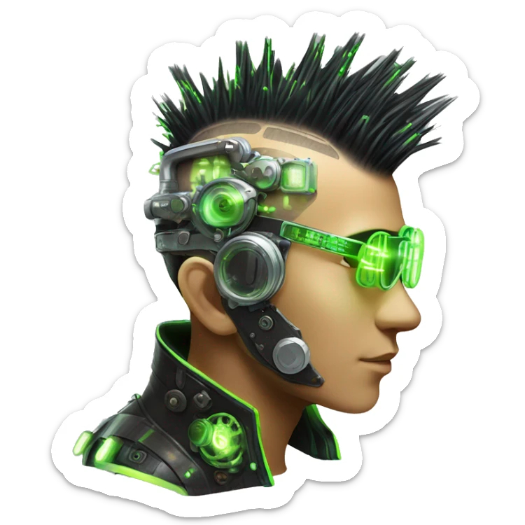Mohawk hair with neon green highlights Asian male cyborg head with neon silver steampunk goggles and circuits sticker