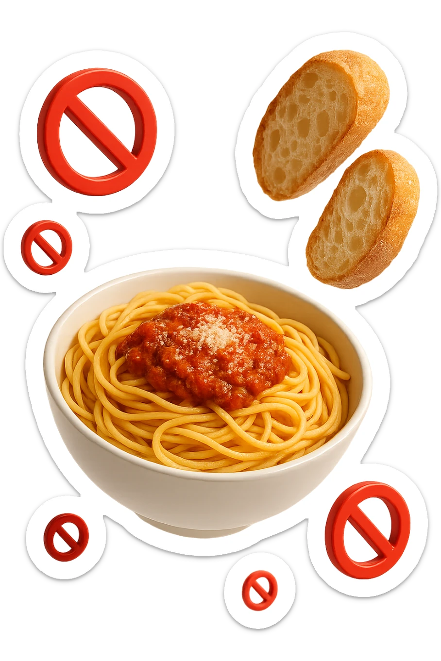 bowl di pasta e fettine di pane che fluttuano in aria con piccoli divieti 3d, sfondo bianco, iperrealistico 4k sticker