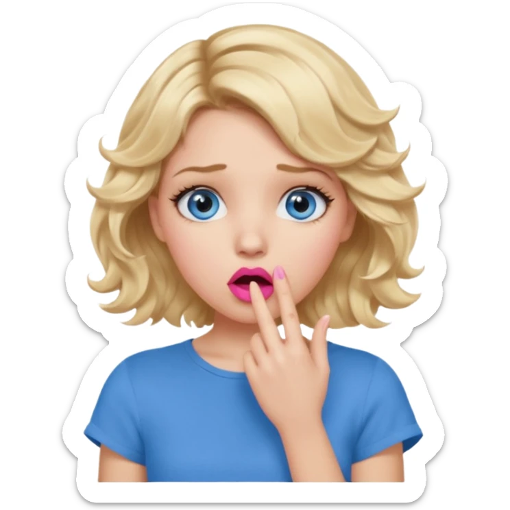 Girl Blonde short wavy hair,  blue eyes, cute blue top, long lashes, pink lips, shocked, hand over the mouth sticker