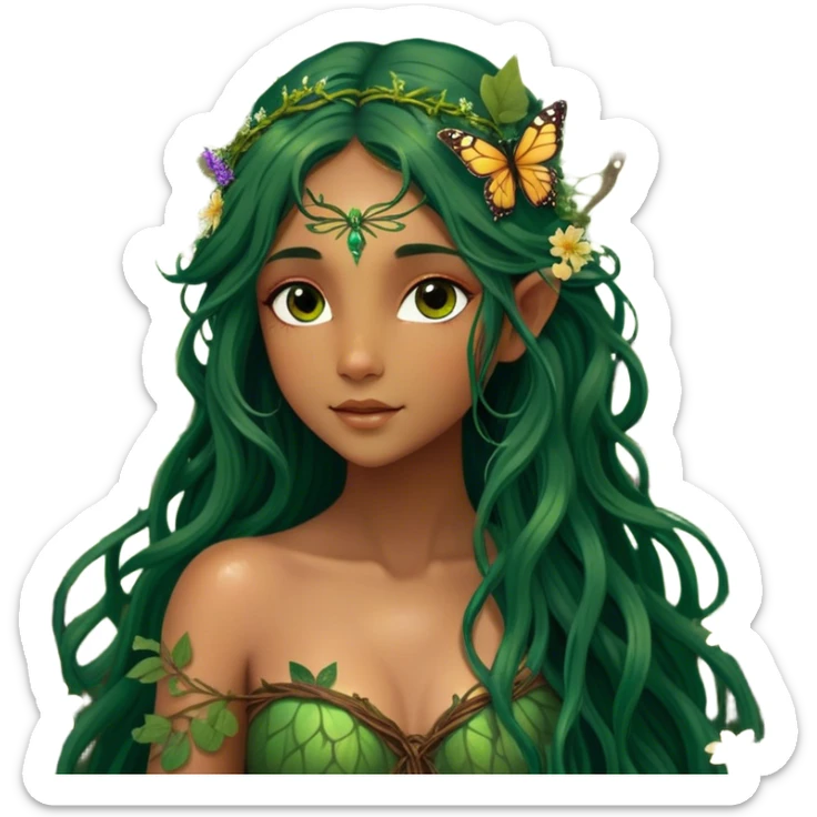 Cinematic Realistic Forest Nymph Fairy portrait, with butterfly wings and depicted with lifelike, sun-kissed tanned skin that radiates an earthy glow, softly illuminated by natural, dappled light. Her long, flowing dark green hair is intricately detailed and interwoven with delicate vines and wildflowers, while her deep, soulful eyes mirror the wisdom of the forest. Dressed in an attire inspired by nature’s palette—with subtle botanical motifs—the portrait exudes a soft, enchanted glow that melds realism with woodland magic. sticker