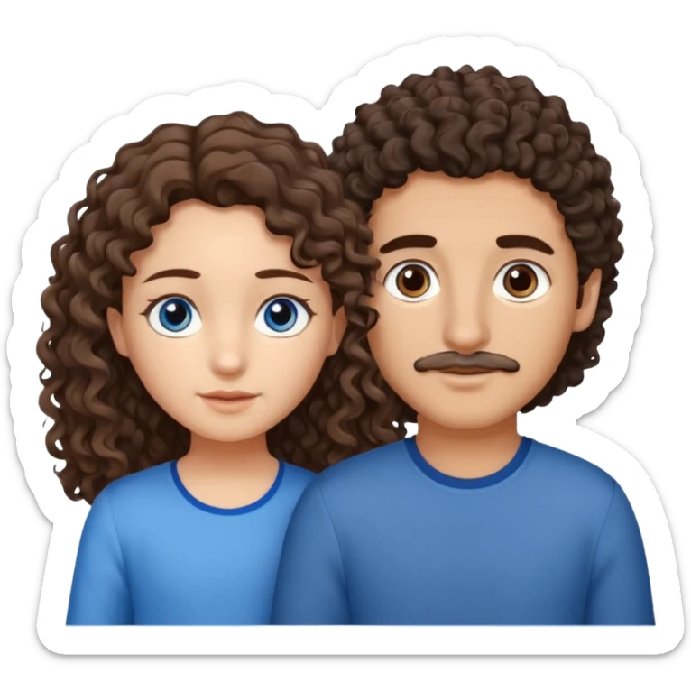 make a couple with the boy taller then the girl and the boy is mexican with brown eyes and brown hair slightly wavy/curly and some front hairs gray and then girl with blue eyes with brown long curly hair and she is white  sticker