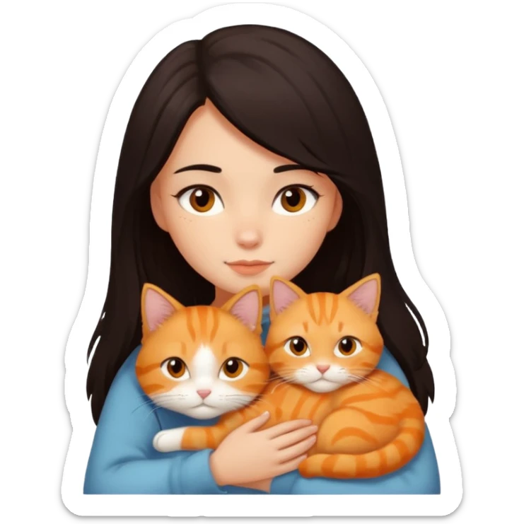 dark-black-brown-hair-to-shoulder girl with brown eyes snuggled with orange tabby cat sticker