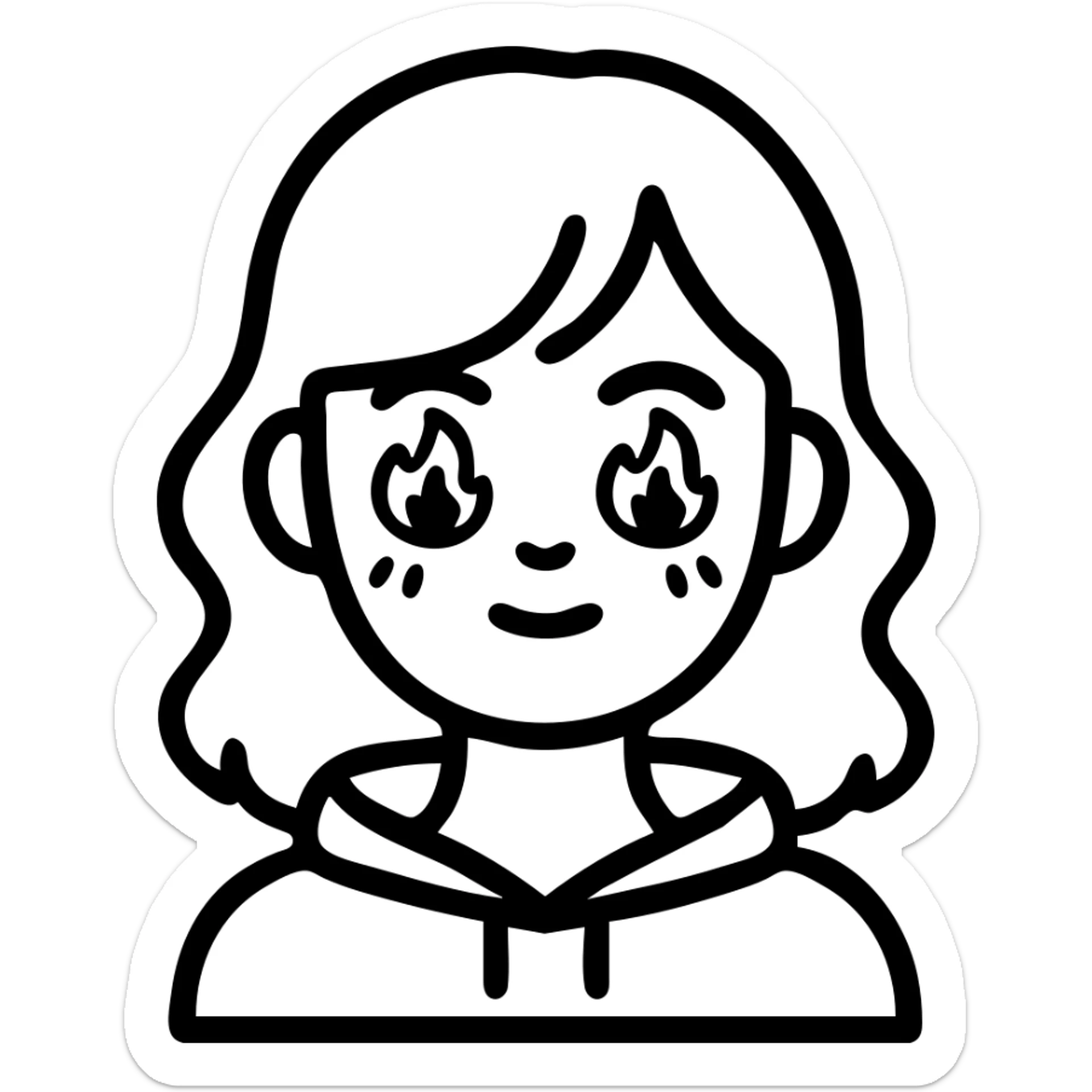 A cute girl with white skin, dark wavy hair just below her shoulders, green eyes, fair skin, a soft pink blush, and burning stars in her eyes. She has a thin neck and is wearing a black hoodie. The girl has long bangs styled on both sides of her face. sticker