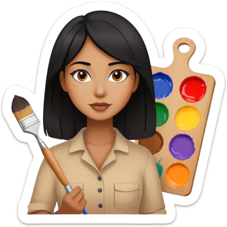 painting, artist, black hair tanned woman, paint pallet colors and paint brush. half body sticker